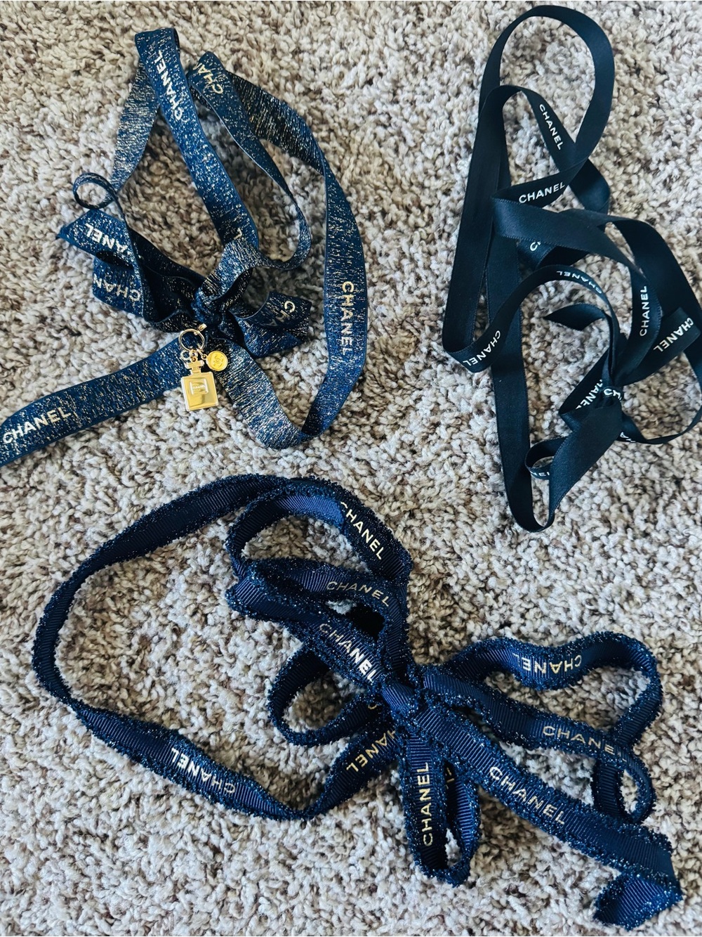 CHANEL Navy and Black Logo Ribbon  with Gold Charm
